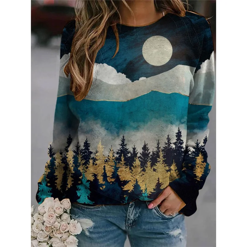 Autumn Ink Landscape Painting Hoodies 3D Print Sweatshirts Woman Long Sleeve Y2k Hoodie Streetwear Pullovers Tops Women Clothes