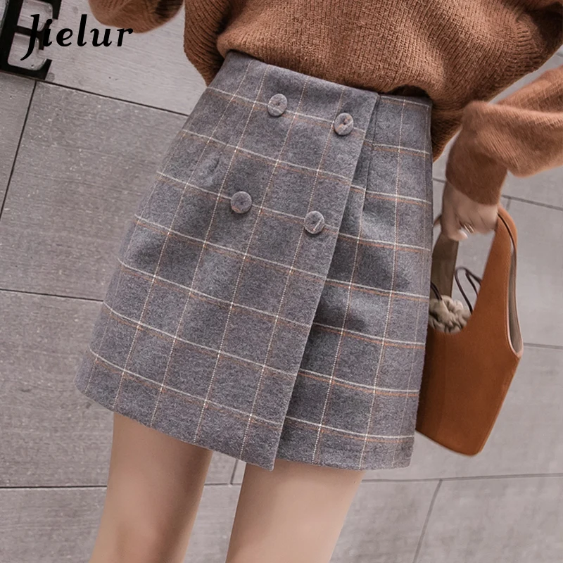 Black Gray High Waist Plaid Skirt Female Woolen A-line Sexy Women's Skirts Autumn Fashion Elegant Mini Saias S-XXL