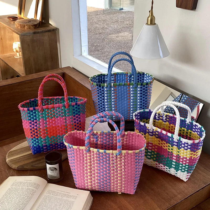 2023 New Vegetable Basket Summer Fashion PVC Handbag Hand Woven Bag Patchwork Striped Tote Beach Bags