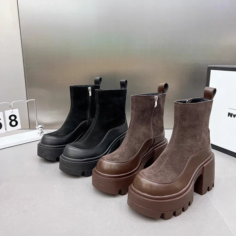 

Дизайнерские винтажные зимние женские ботильоны на высоком каблуке на платформе, модные короткие ботильоны на молнии, дизайнерские