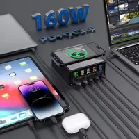 160W 5 Port GaN USB Charger Station 15W Wireless Charging PPS PD 65W Type C QC3.0 Fast Charger for iPhone Macbook Samsung Laptop