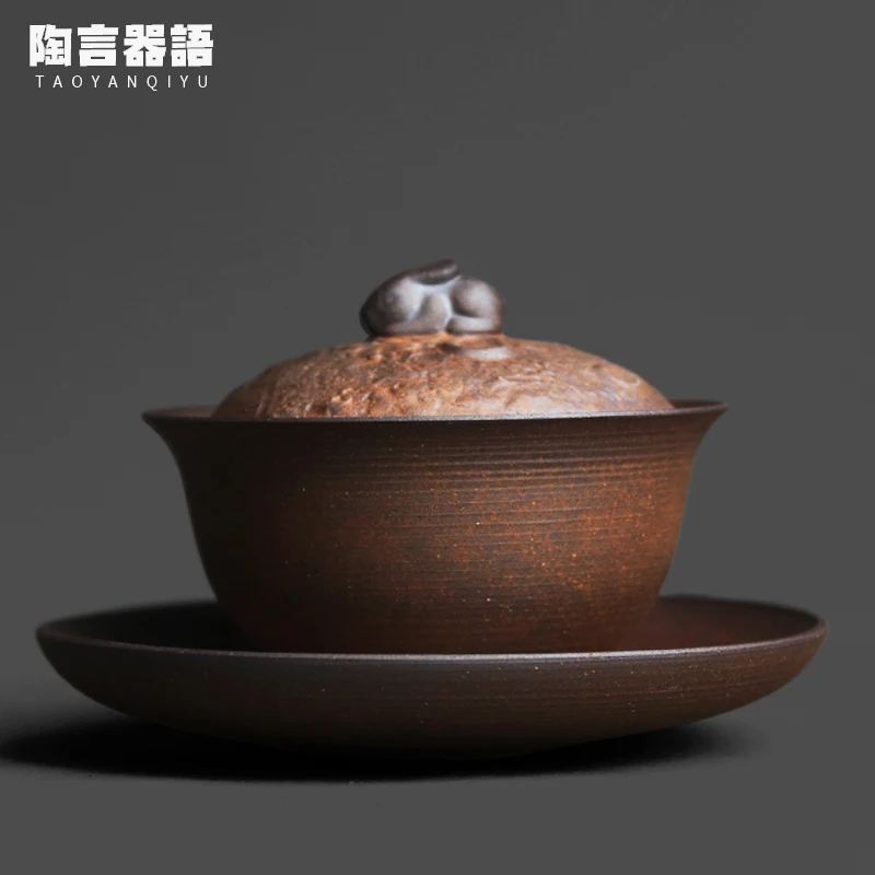 Rock, mineral, earthenware, rabbit, three talents, covered bowl, Chinese Zen style, Kung Fu tea set, tea brewing bowl