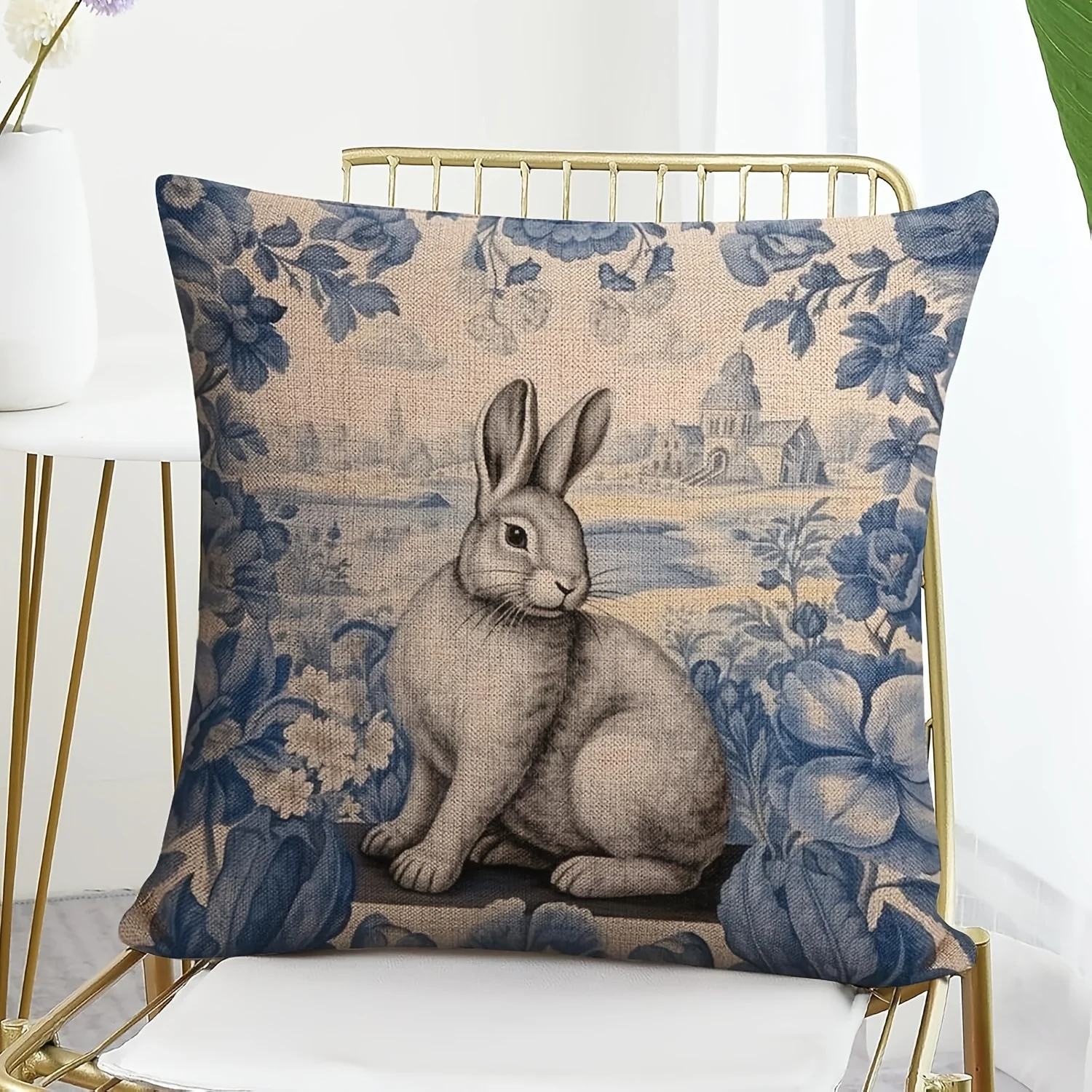 1Pc Vintage Rabbit Floral Cushion Cover Blue Beige Toile De Jouy Print Pillowcase For Sofa Bed Living Room Decorative Home Texti
