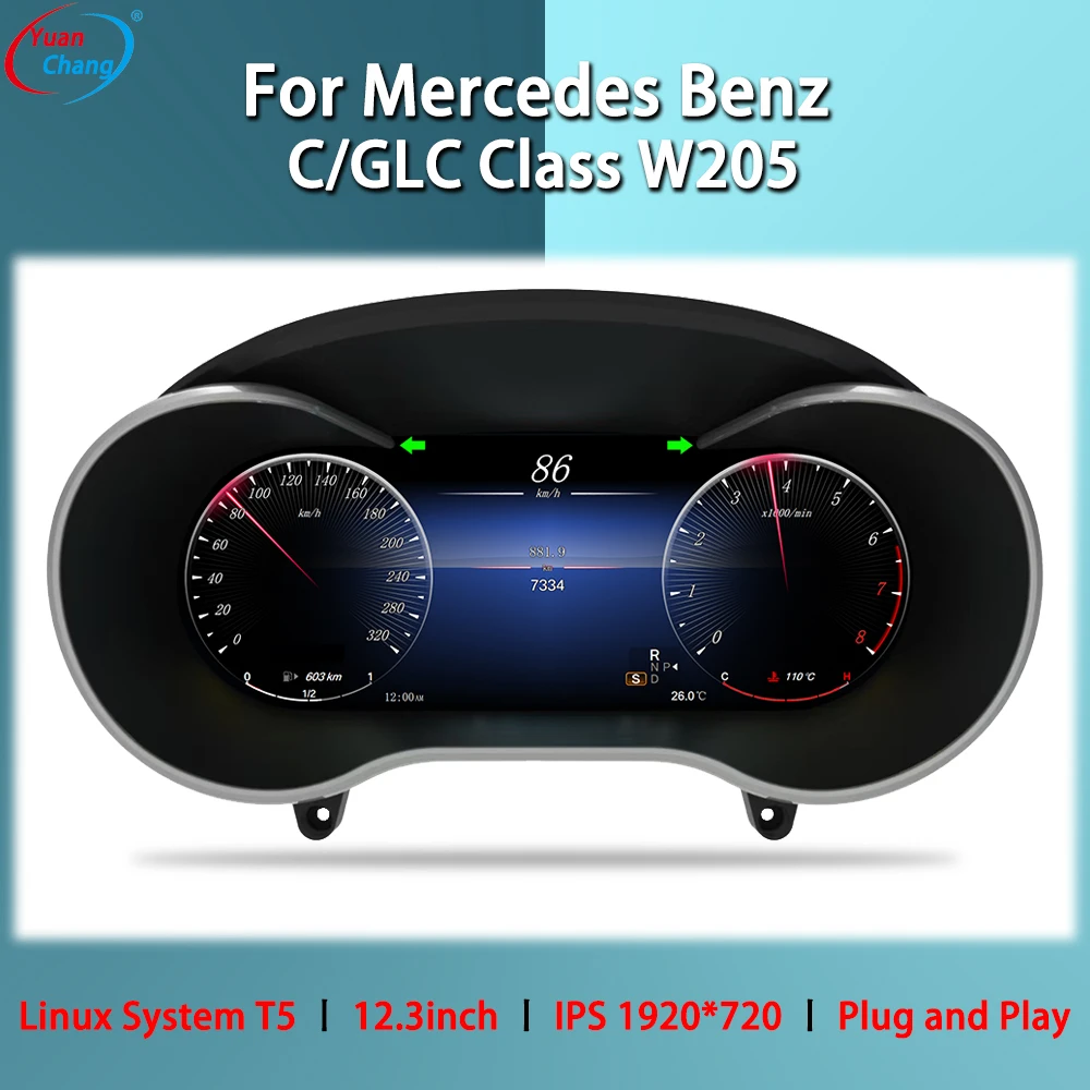 

YuanChang 12,3 дюйма для Mercedes Benz C/GLC Class W205 цифровой спидометр приборная панель автомобиля приборная панель IPS 1920*720