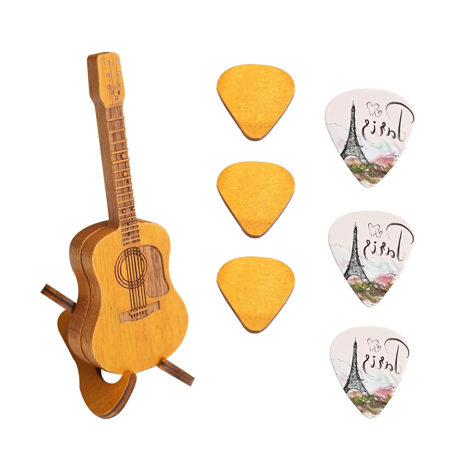 

Wooden Guitar Pick Case with Holder &3 pcs wood Guitar Picks And Gift to 3pcs Eiffel Tower painted guitar paddles for Bass Lover