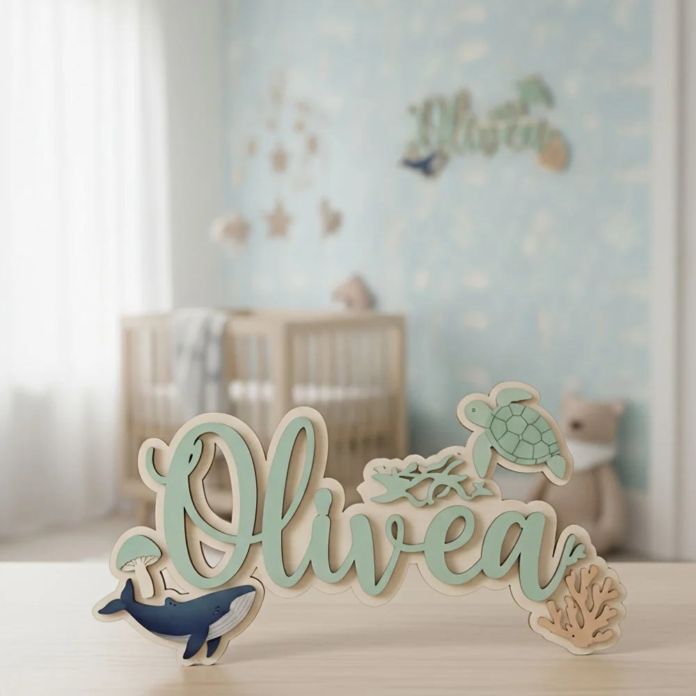 25cm Personalized Wooden Nameplate Double-Layer Ocean Theme Wall Art Decorative Plank 2D Customizable Home Wall Decor