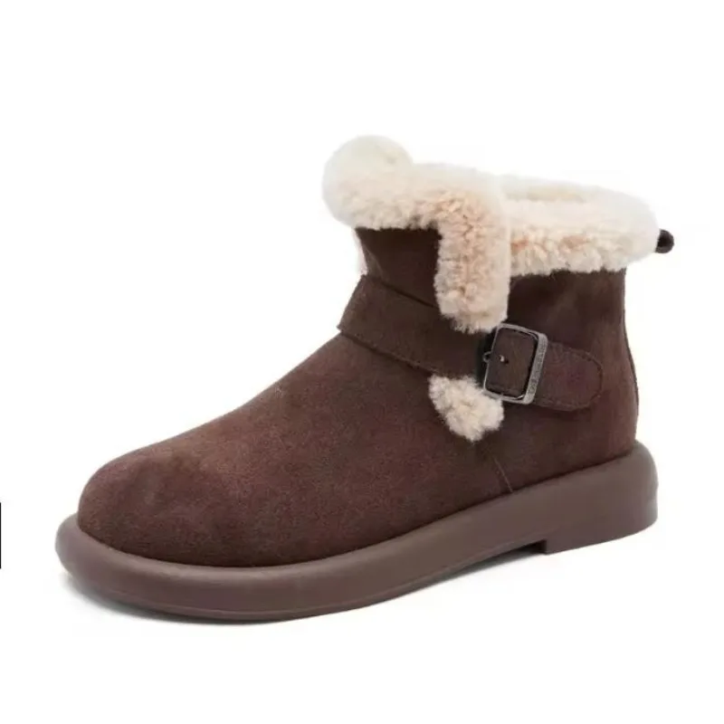 

Winter Warm Snow Boots Women Quality Cow Suede Leather Slip On Plush Flat Ankle Boots Ladies Comfort Soft Cotton Shoes