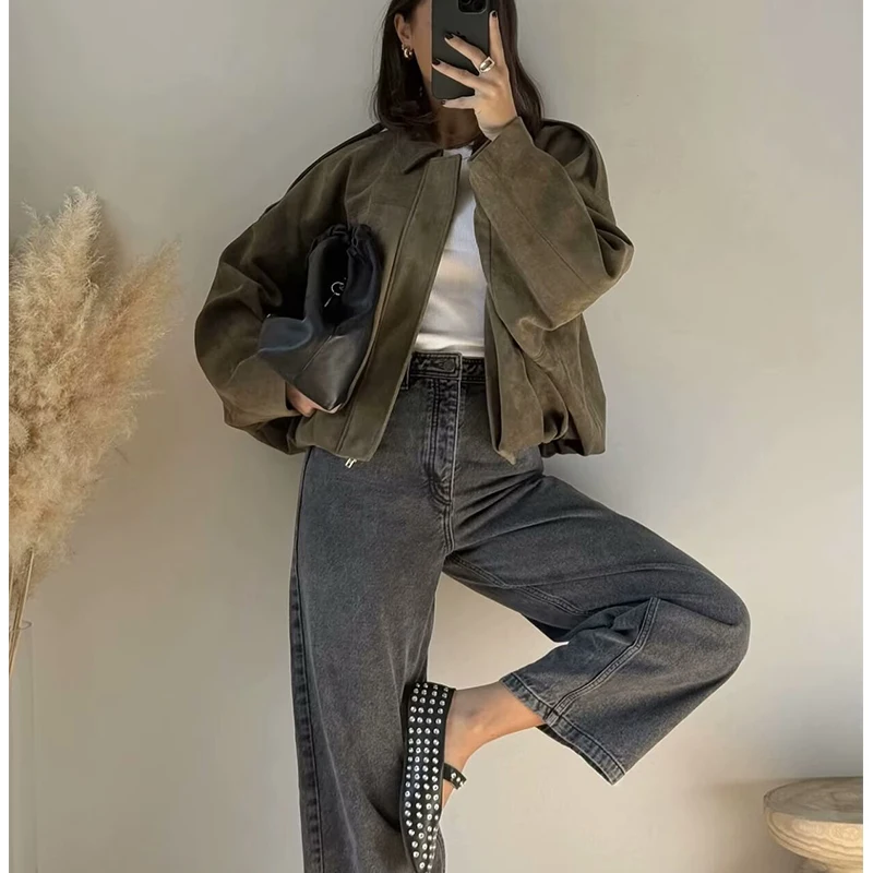 Chaqueta de piloto de ante sintético de manga larga con cuello decorativo pado para mujer, estilo primavera, con cuello po...