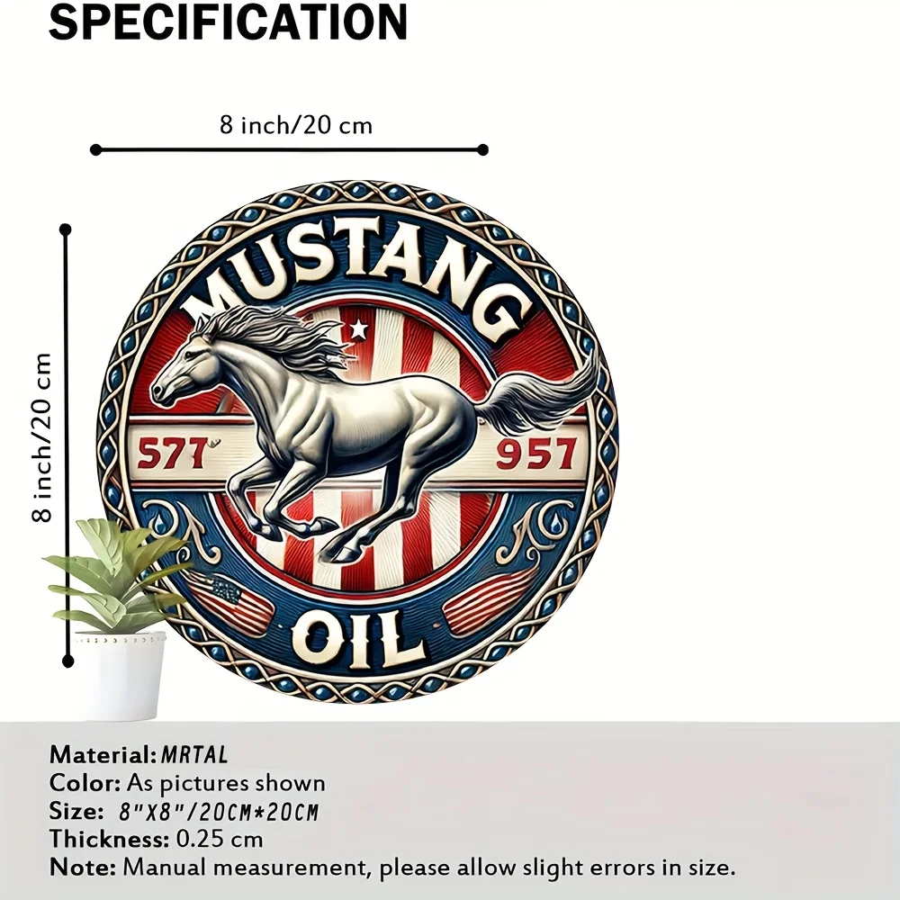 [Vintage Metal Sign] Vintage 8-Inch Round Metal Sign - "MUSTANG 577° 957° OIL" with Running Horse Design | 2D Flat Aluminum Wall image 4
