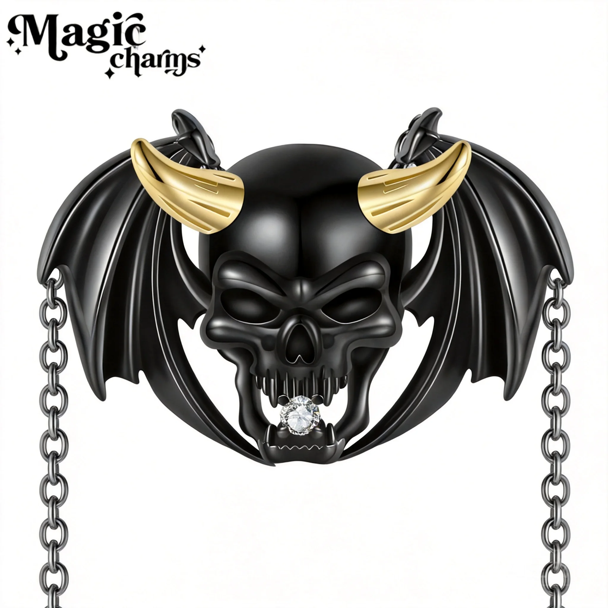 S925 Sterling Silver Black Plated Demon Skull Pendant Necklace Golden Horn Bat Wing Cubic Zirconia Dark Gothic Punk Lucky Jewelr