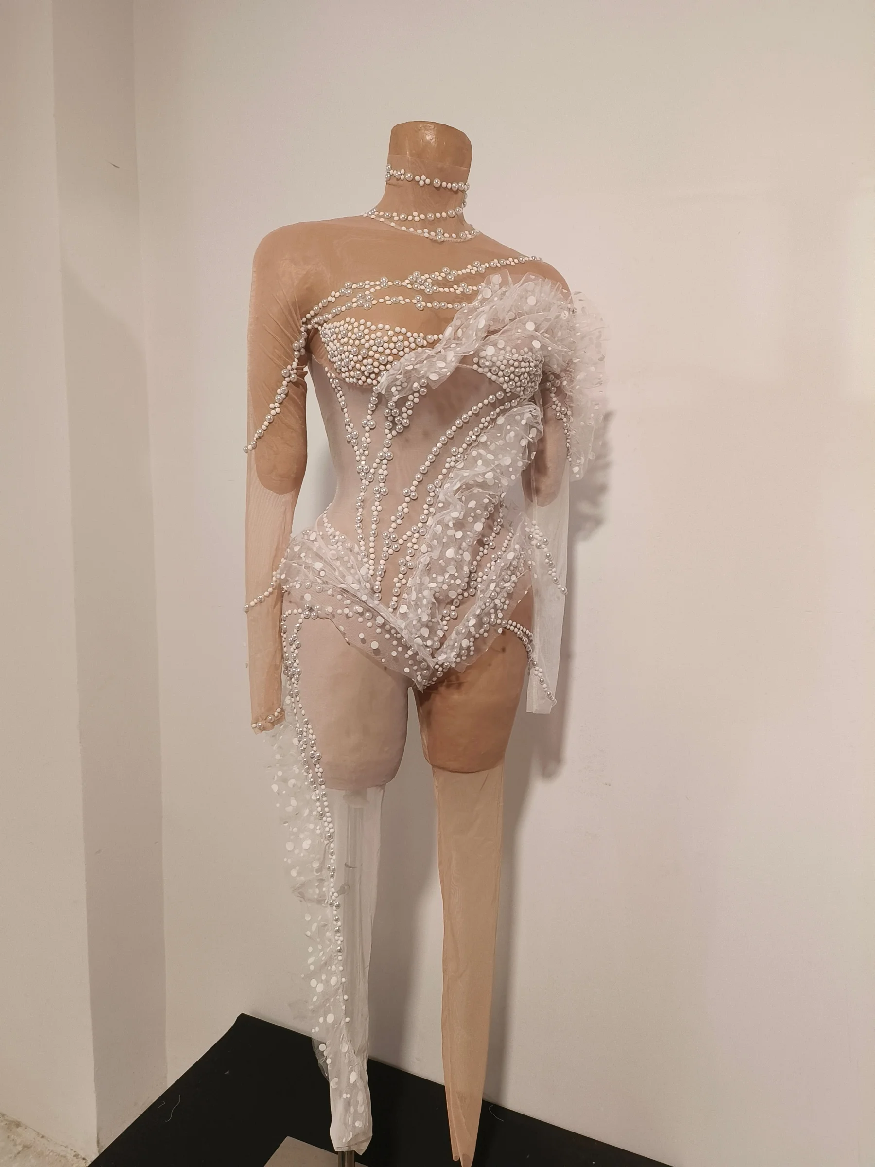 Sexy See Through Mesh Ruffles Pearls Jumpsuits Women Night Club Party One Piece Bodysuits Skinny Rompers Stage Show Dance Outfit