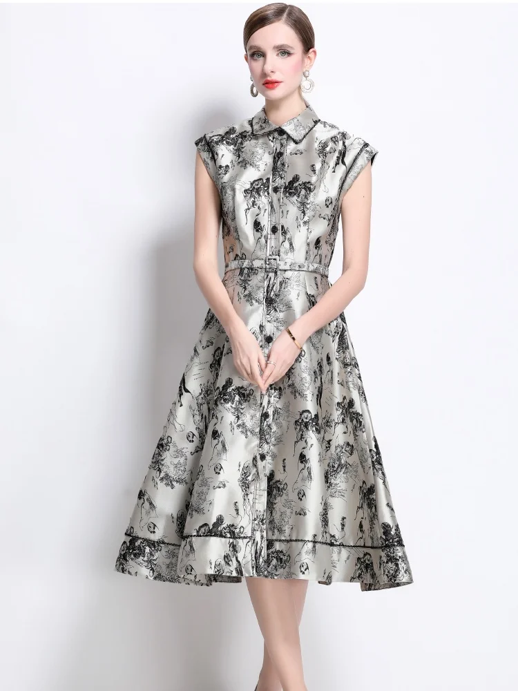 2025 New Spring Single Breasted Sleeveless Animal Ink Jacquard Long Dress Women's Turndown Collar Summer Dress