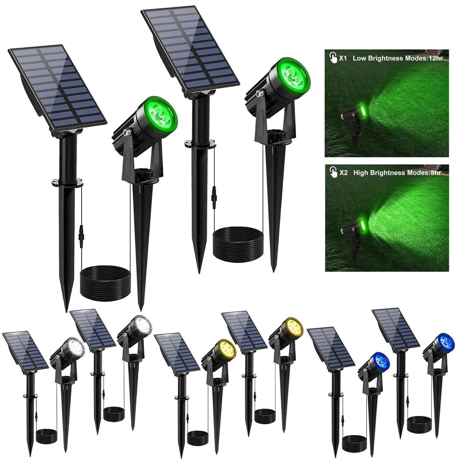 2 Stück Aluminium-Solarstrahler in Grün/Blau/3000 K/6000 K, Solarleuchte, IP65, Wandleuchte, Landschaftsleuchte für Gartendekoration