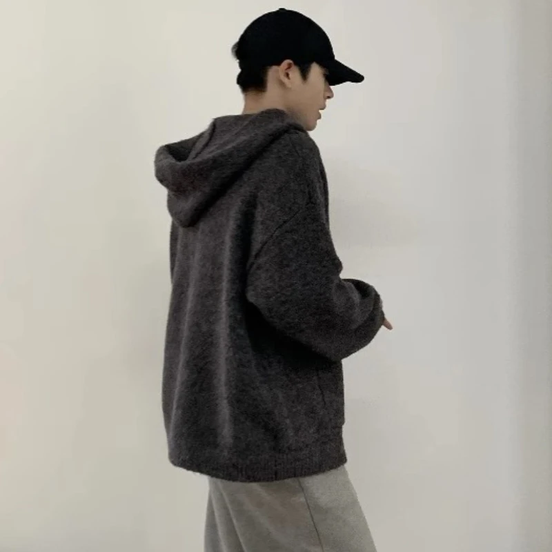 Hooded Cardigan Men Cozy Warm Knitwear Simple American Style Vintage Autumn Winter Soft Coats Lazy High Street Кардиган Мужской