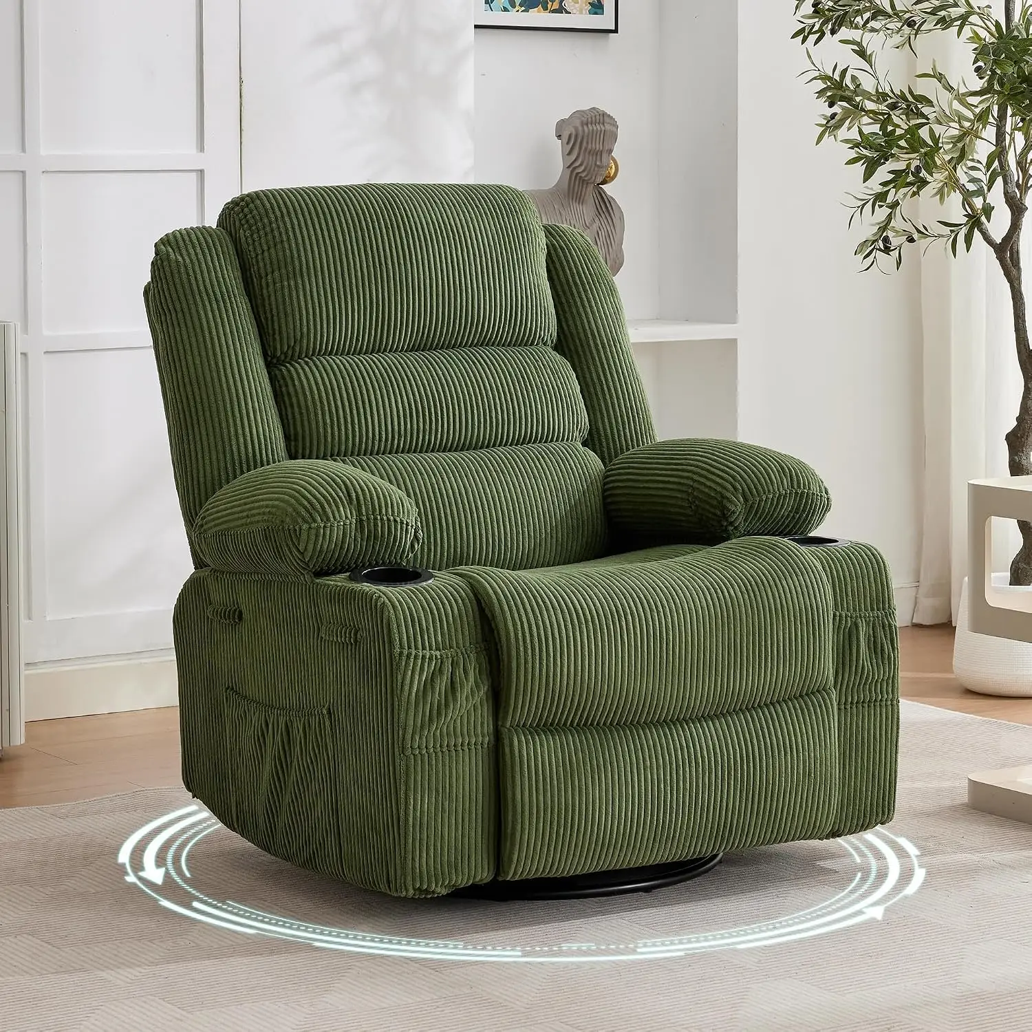 360° Swivel Rocker Recliner for Adults – Manual Reclining Chair with Adjustable Headrest, Built-In Cup Holder & Side Pockets, Corduroy Upholstery, Green – Perfect for Living Room, Bedroom & Nursery