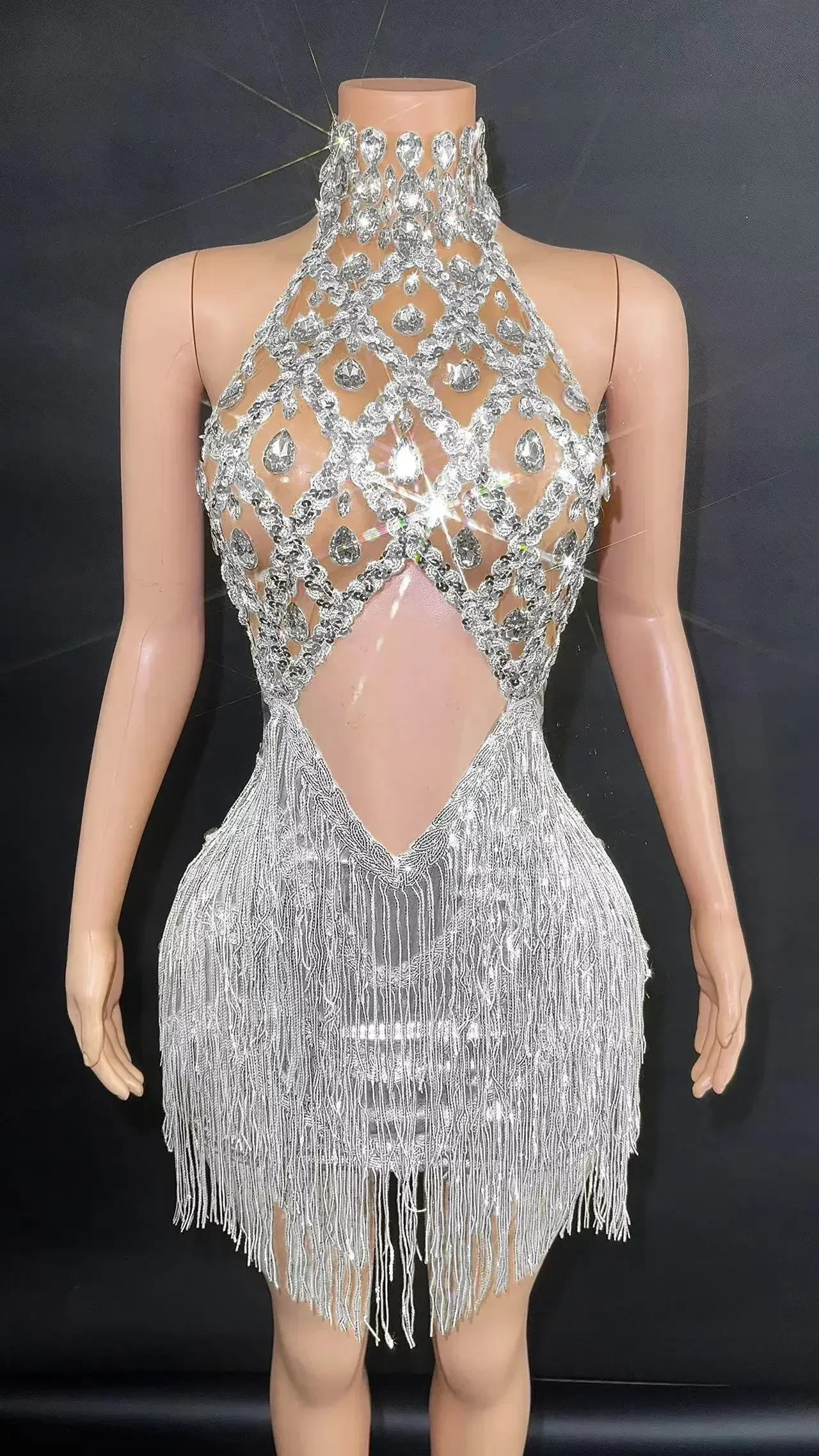 Sparkly Rhinestones Sliver Tassels Sexy Halter Sheath Mini Dress Evening Party Performance Costume Nightclub Singer Stage Wear