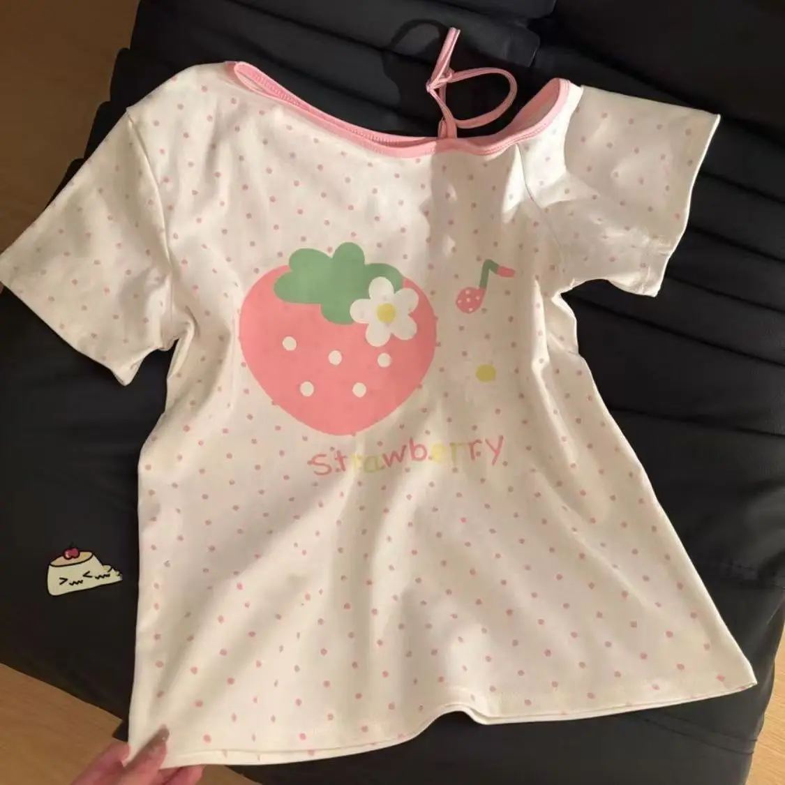 Strawberry Japanese Vintage Pink Polka Dot Off-Shoulder T-Shirt - Summer Daily 2D Subculture Top for Women