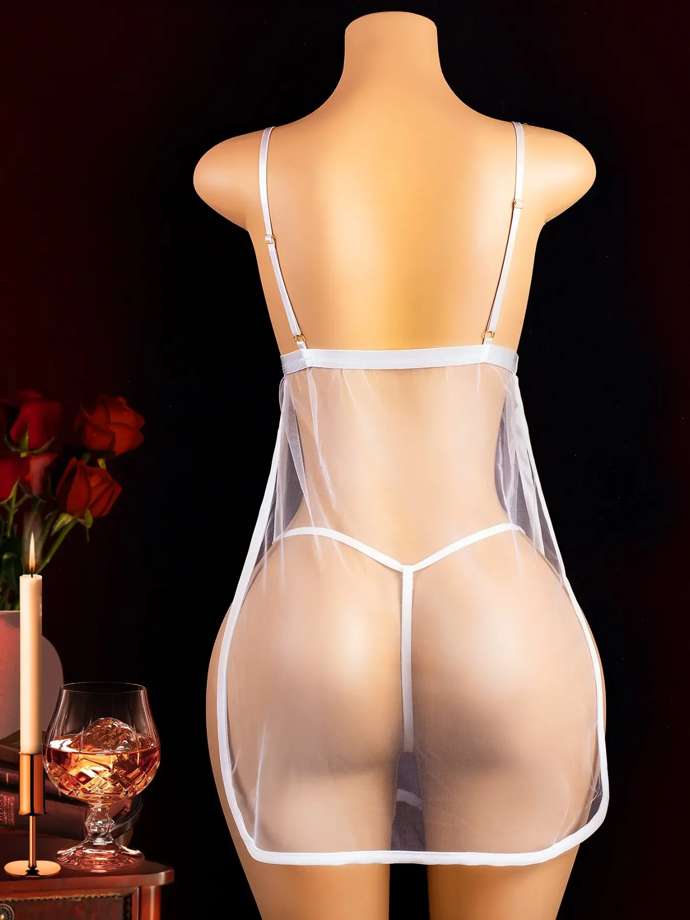 Women's Lace Embroidered Large Rose Semi-Transparent Sensual Dress, Suitable for Under 60kg, Mesh Sheer Tight Strap Nightgown, Loungewear, Nightwear, Lace Sleep Dress