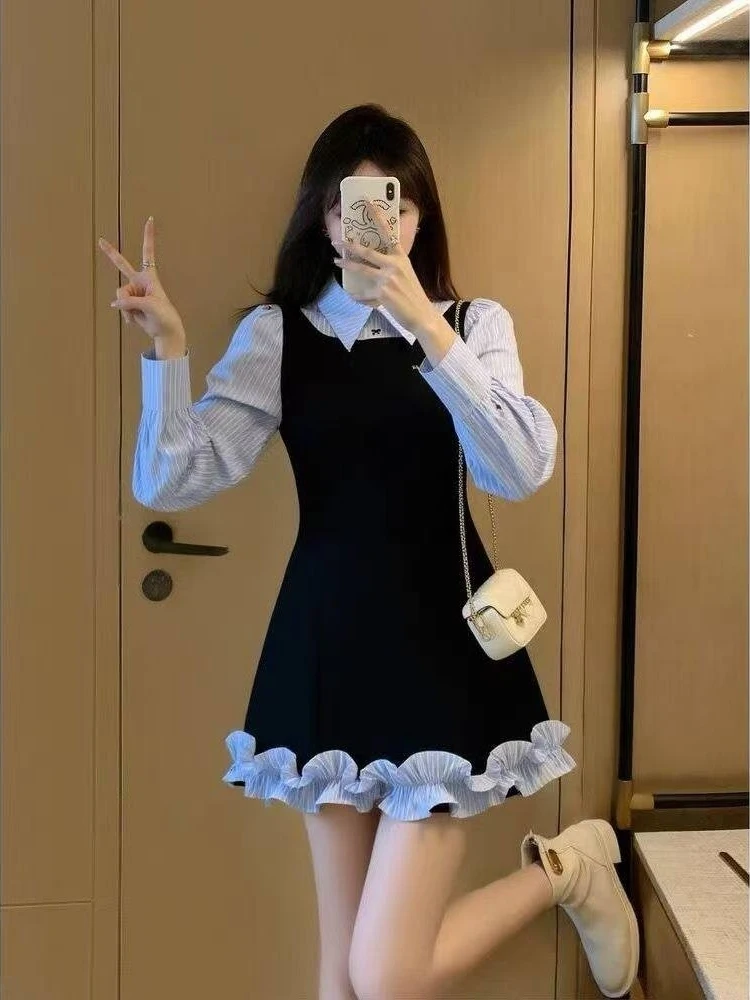 

Корейское платье в студенческом стиле с эффектом двухслойности, черное, А-силуэт, с кружевной отделкой, элегантное короткое платье для весны и лета