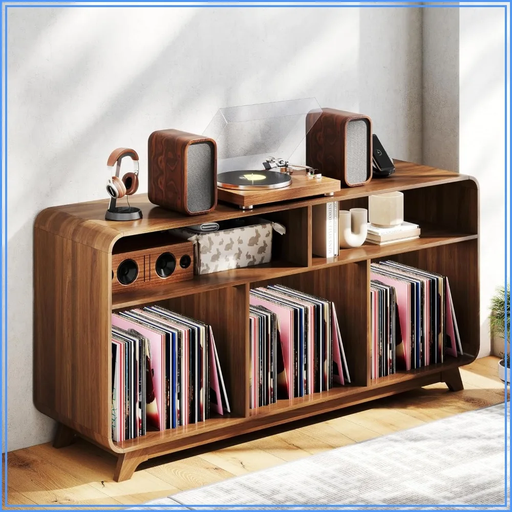 55-inch Walnut Record Player Stand Holds 350 Albums, Charging Station & USB Ports Living Room