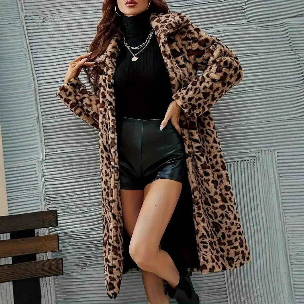Elegant Fashion Loose Casual Long Coat Jacket Leopard Print Outerwear for Women Handmade Sewing Medium Thickness Autumn Wear