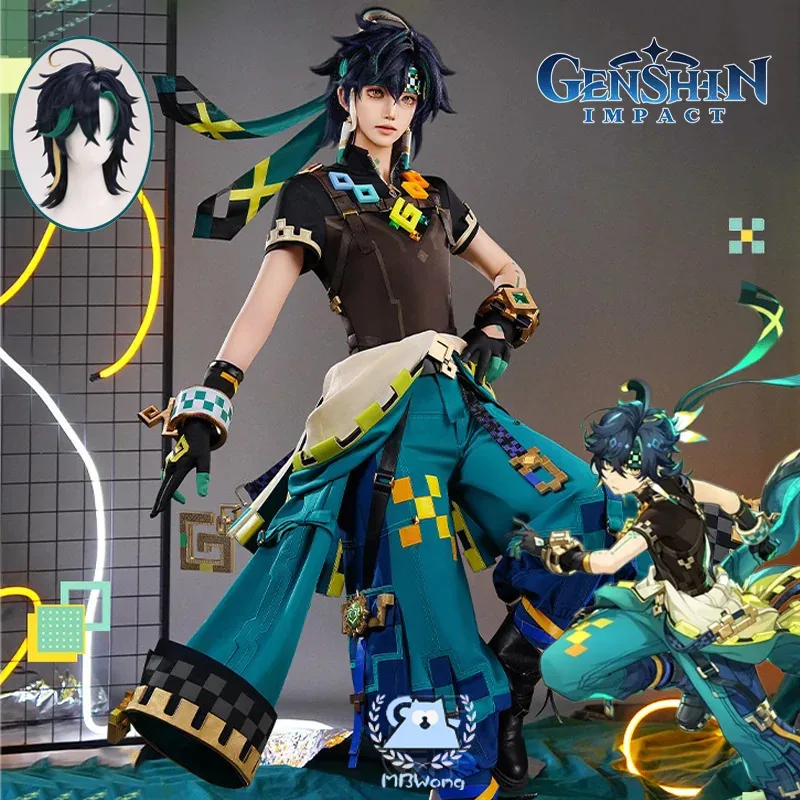 

Genshin Impact Kinich Косплей Костюм Парик Turnfire Hunt Униформа Серьги Стикер Реквизит Huitztlan Natlan Хэллоуин Вечеринка Женщины Мужчины