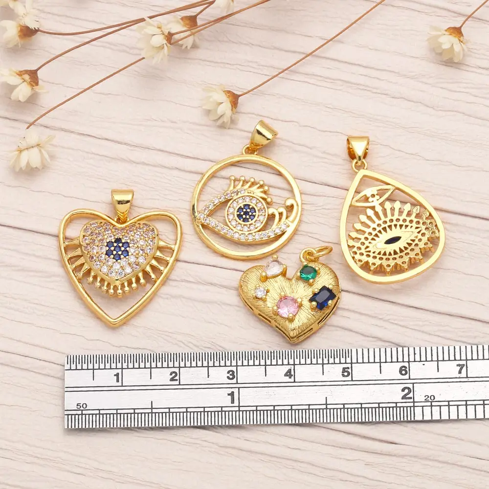 OCESRIO CZ Blue Eye Copper Necklace Pendant Gold Plated Heart Pendant Jewelry Making Component DIY Handmade ojo turco pdta865