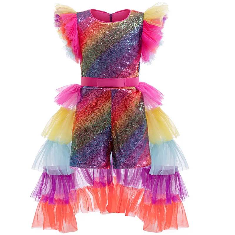 Carnival Party Cosplay Costume Girls Rainbow Color Blocked Glitter Cake Fluffy Party Jumpsuit Dress