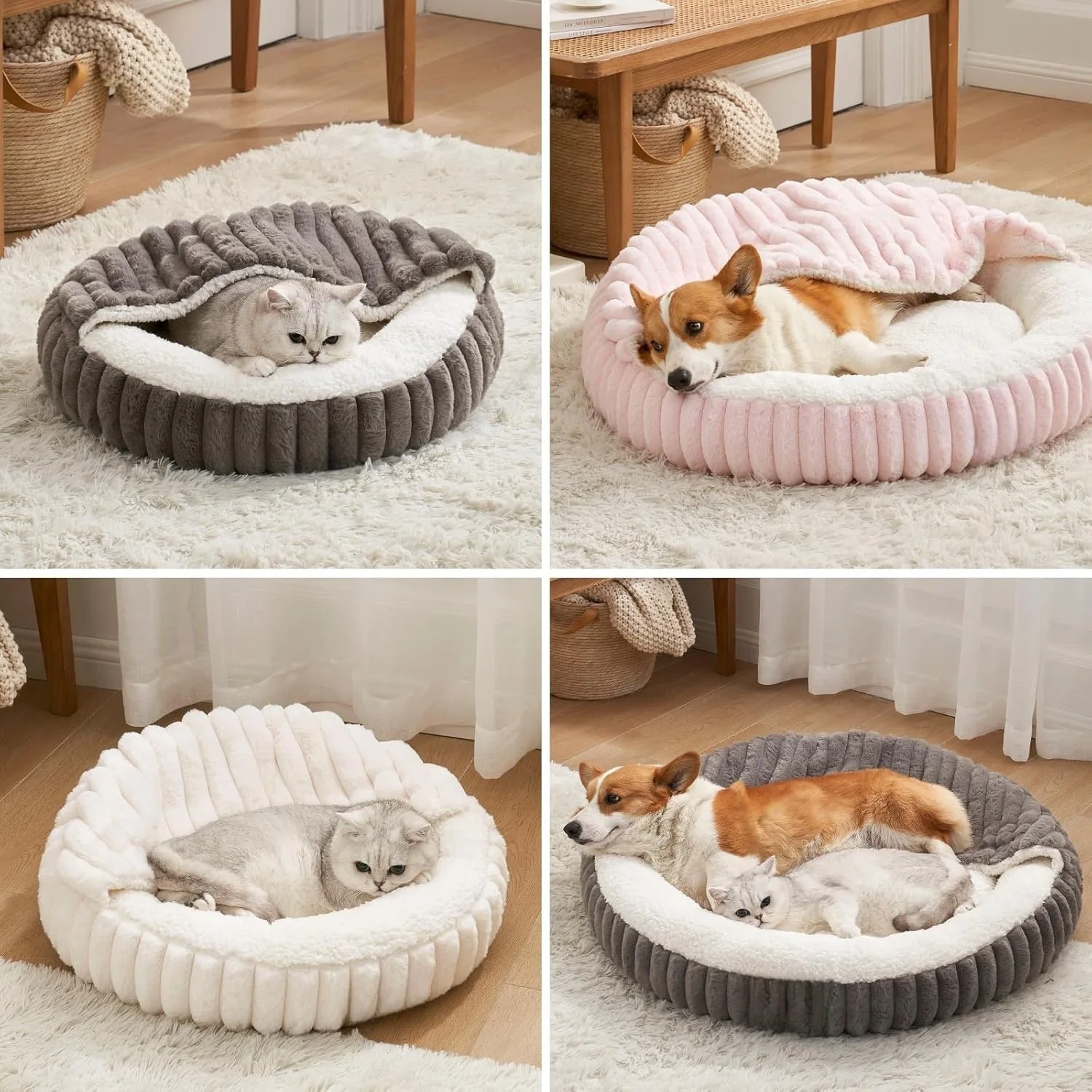 

Autumn and Winter Soft Plush Pet Bed with Cover Round Kennel Warm Plush Comforter Semi-enclosed for Large Medium Dogs Cats Nest