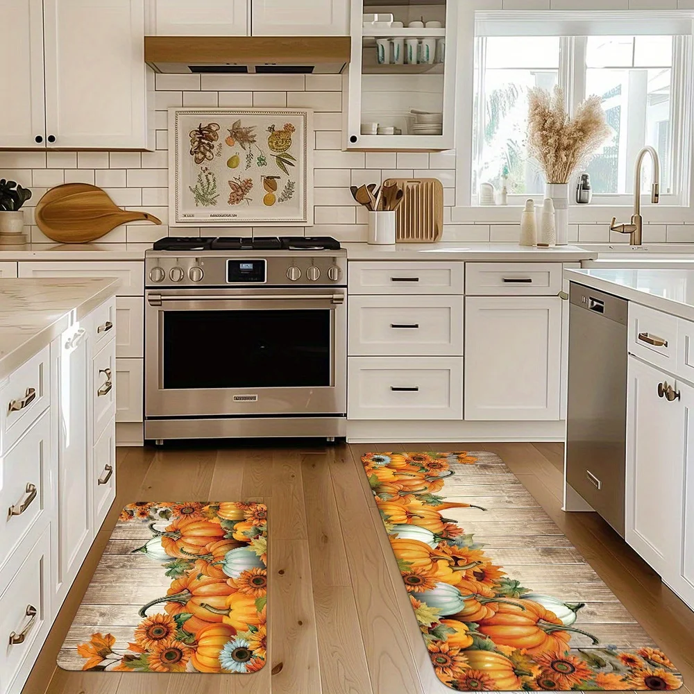 Autumn Pumpkin Kitchen Mat 2 Piece Set, Rustic Wood Grain Sunflower Kitchen Rugs, Non-Slip Fall Floor Mat for Front Door