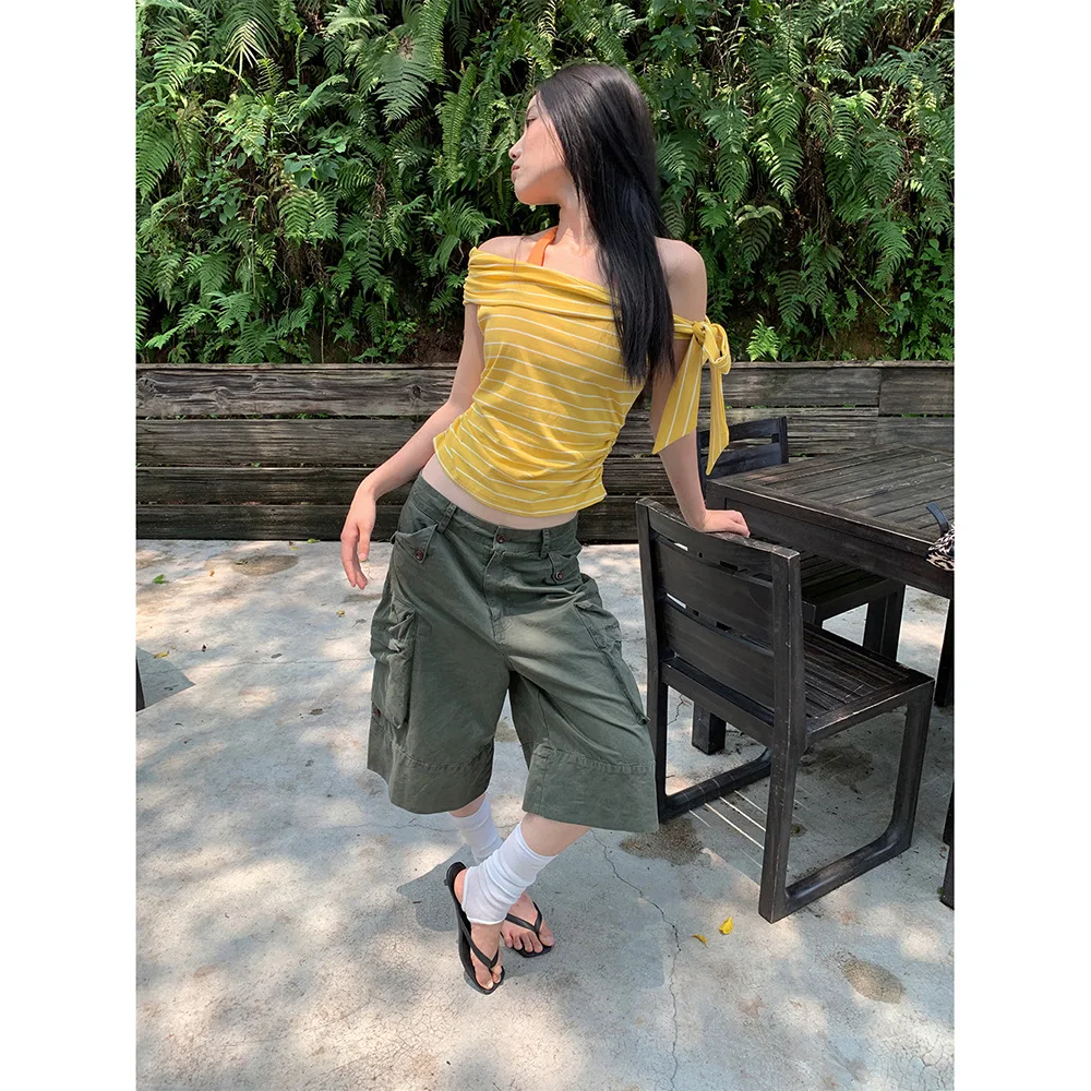 Calças de brim de carga mulheres na altura do joelho calças de perna larga cintura baixa vários bolsos vintage lavado angustiado streetwear verão 2025 denims