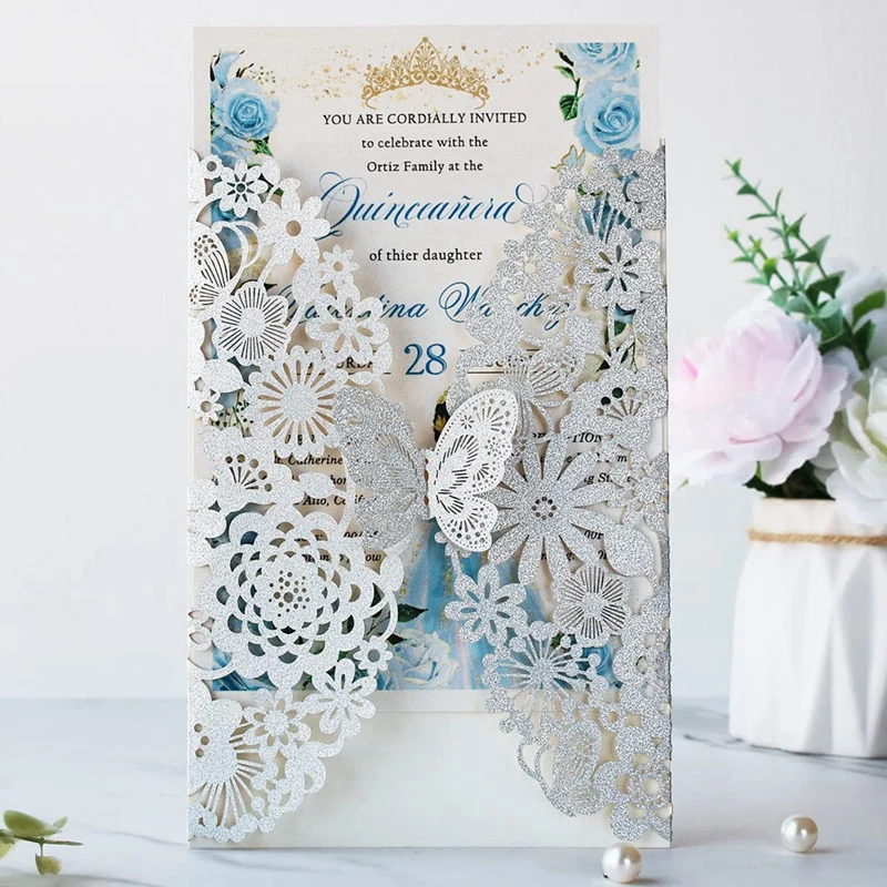 20 Set Butterfly Invitation Cards Lace Wedding Invitations Paper Wedding Invitation Cards + Envelopes (Silver Glitter)
