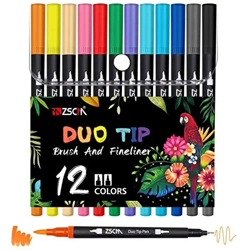 

ZSCM 12 Colors Duo Tip Calligraphy Marker Journal Pens for Adult Coloring Books Drawing Art Coloring Brush Markers