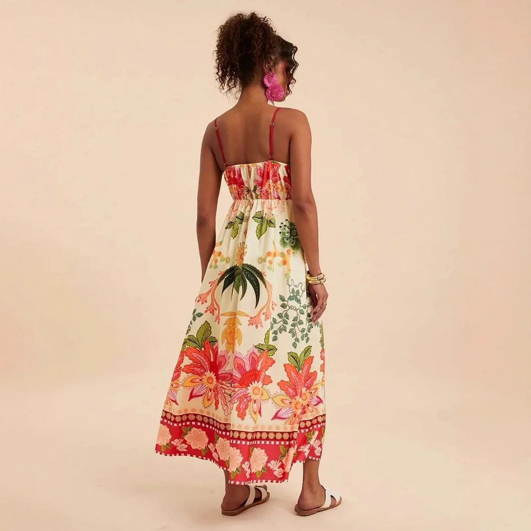 Damenkleid, schulterfrei, V-Ausschnitt, Blumendruck, lang, elegant, A-Linie, Abendkleid, Spaghettiträger, Boho, Urlaub, Strand, Partykleid