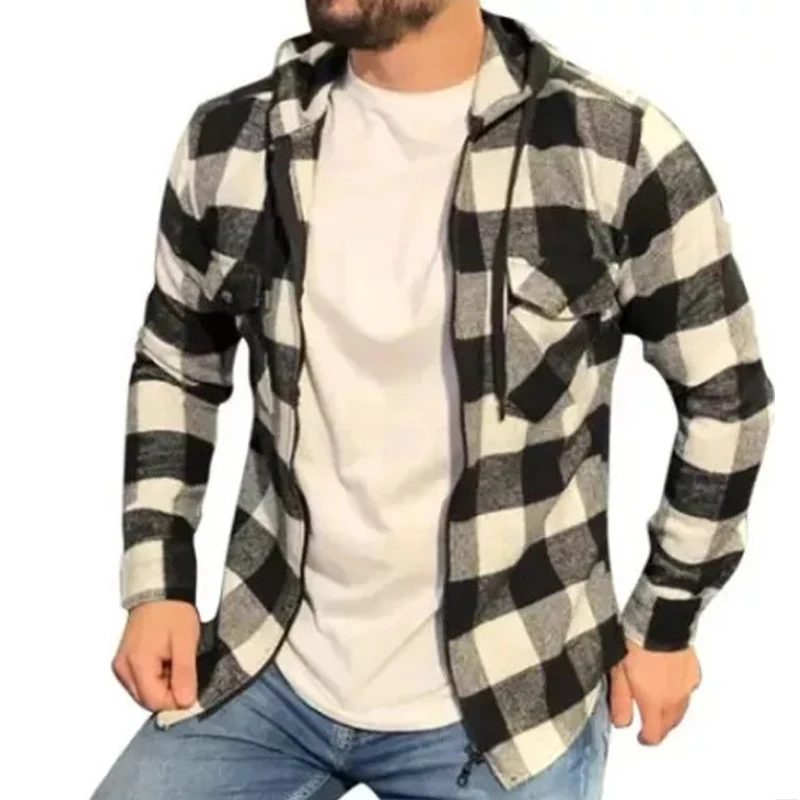 Classic Hooded Plaid Shirt Jacket Men Fashion Loose Long Sleeve Buttoned Hoodie Cardigan Mens Autumn New Casual Coats With Hood