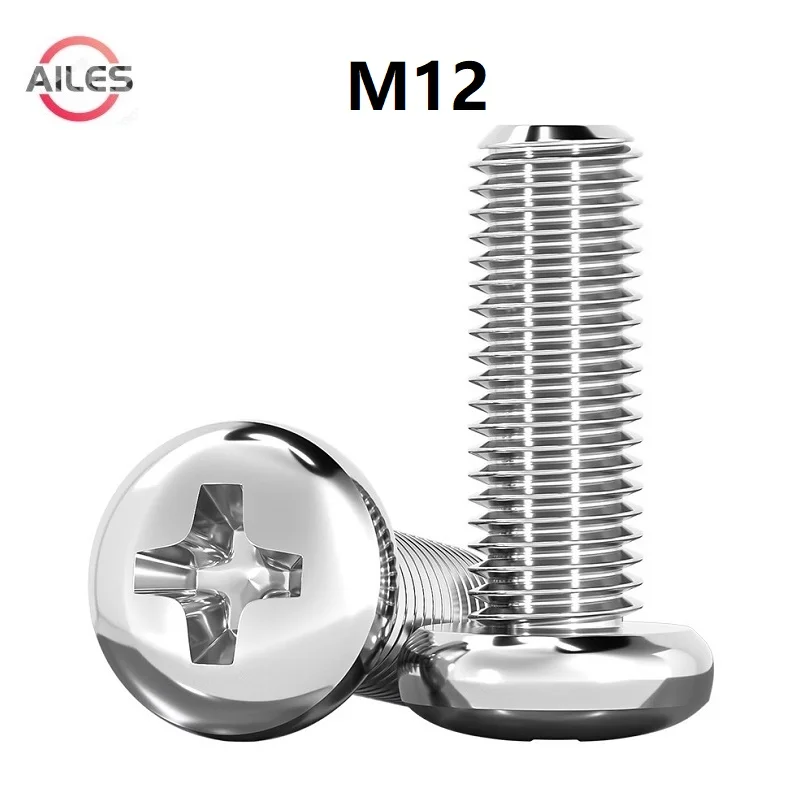 

M12 Cross Recessed Pan Round Head Screws 304 Stainless Steel Phillips Machine Bolts M12x16 20 25 85 90 95 100 mm Full Thread