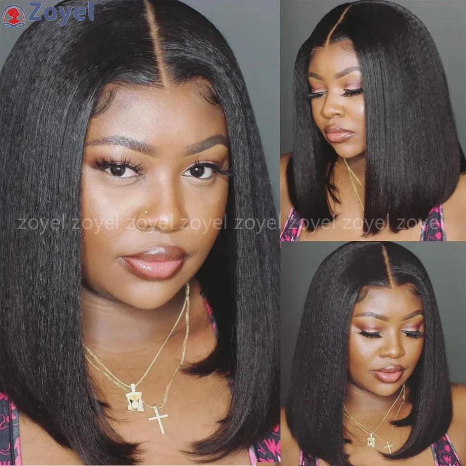 

13*4 Парик Шнурка Яки Кудрявый Прямые Человеческие Волосы Боб 180% Плотность Бесклеевой Парик Предварительно Сорванный Готов к Ношению Для Женщин Бесплатная Доставка