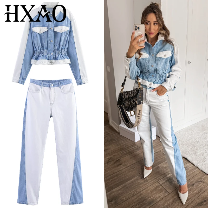 

HXAO Patchwork Denim Pant Sets Women's Two Pieces Set Women's Crop Ruffled Long Sleeve Top Outfits Mid Waist Jeans Trousers Sets