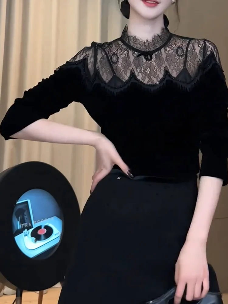 

Ele Lace Splice Long Sve Slimming Top Faionable Large Size Autumn New Sle Versatile Slim Fit Ladies' Inner Wear