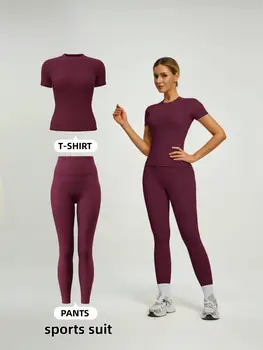 Women's Short Sleeve Sporty Set, High Waist Yoga Pants & T-Shirt Combo, Ideal for Fitness…