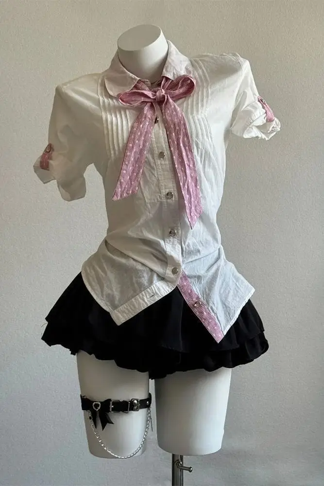 

​​Slim Fit Short Sleeve Shirt Mini Skirt Set K Youth Academic Style Sweet Curated Coordinated Outfit Women Spring Summer​​