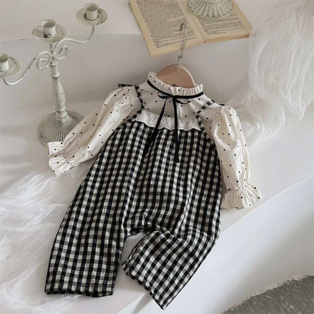 2024 Autumn New Baby Girl Sleeveless Plaid Jumpsuit Newborn Princess Cotton Romper Infant Girl Dot Print Shirts Toddler Outfits