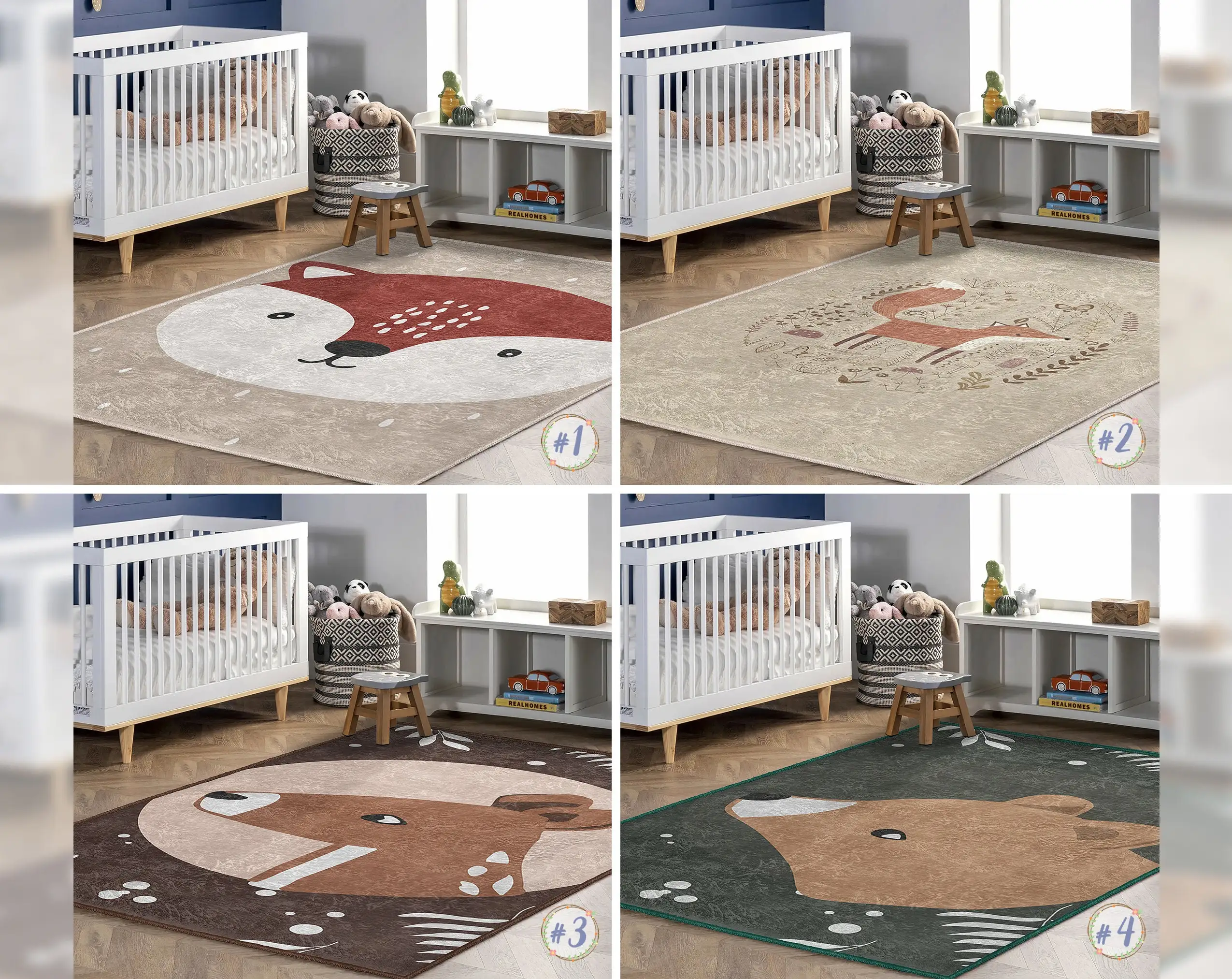 Fox Newborn Rug Bear Toddler Carpet Gazelle Nursery Rug Wildlife Woodland Infant mat Anti Slip Mat for Kid\'s Room Baby Runner