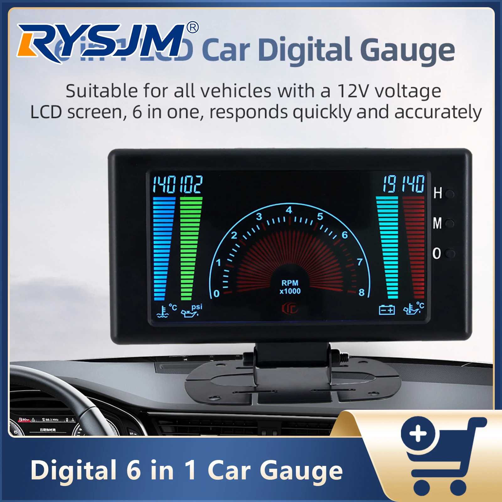6 In 1 Car Gauge Water Temperature Oil Pressure Tachometer Oil Temp Voltage Clock Meter Multi-functional Gauge Auto Accessories
