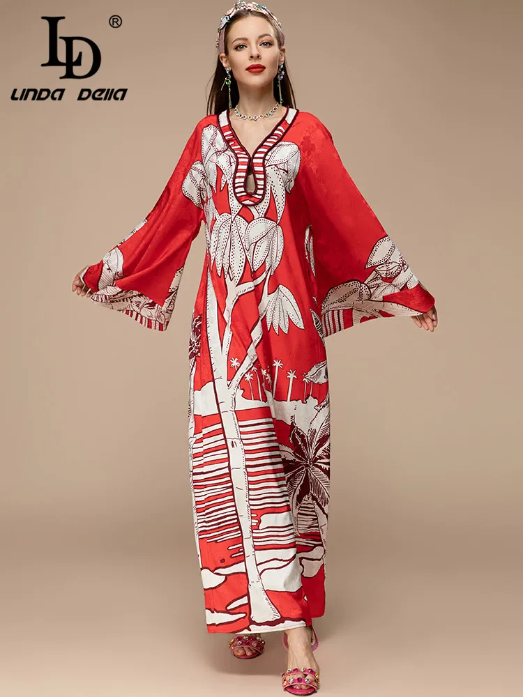 LD LINDA DELLA New 2023 Summer Fashion Designer Women Casual Holiday Vintage Pencil Long Dress Loose Scenery Printing Dresses