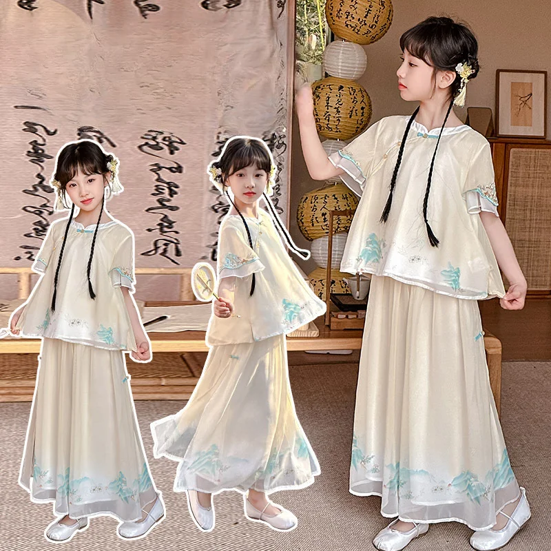 

Girls Suits New Chinese Girl Skirt Set Summer Style Ancient Style Tang Dress Summer Children Disc Buckle Top Princess Skirt