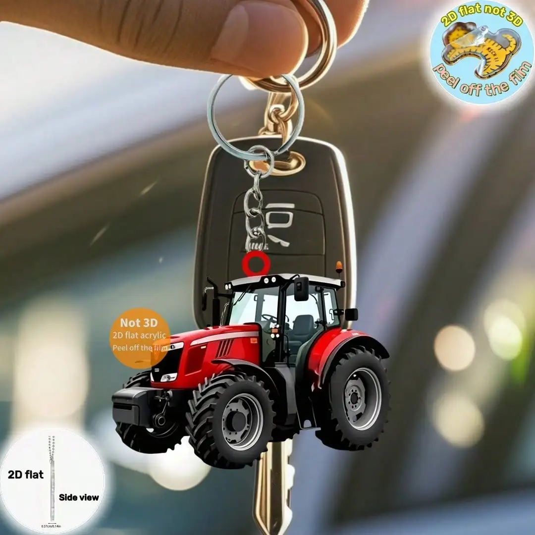 Red Tractor Pendant Keychain Vehicle Themed 2D Flat Acrylic Ornament Charms Hanging Decoration for Bags Festive Party Home Gift
