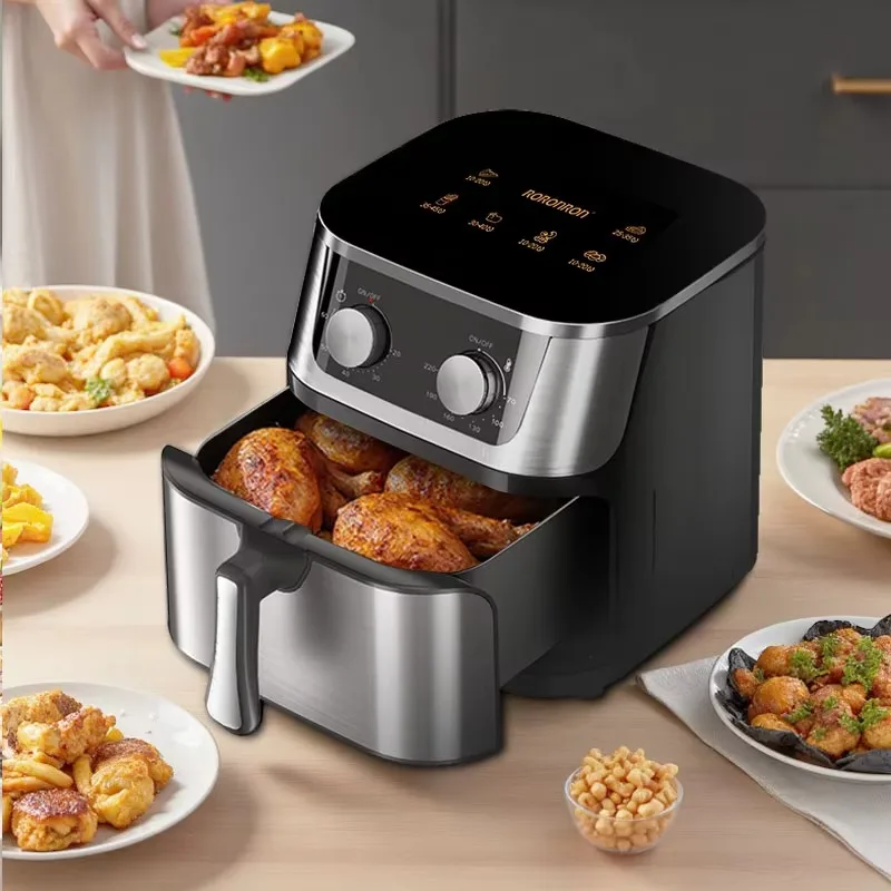 7L Family Size Stainless Steel Air Fryer Dual-knob Control with Presets for French Fries Chicken Fish Square Shape
