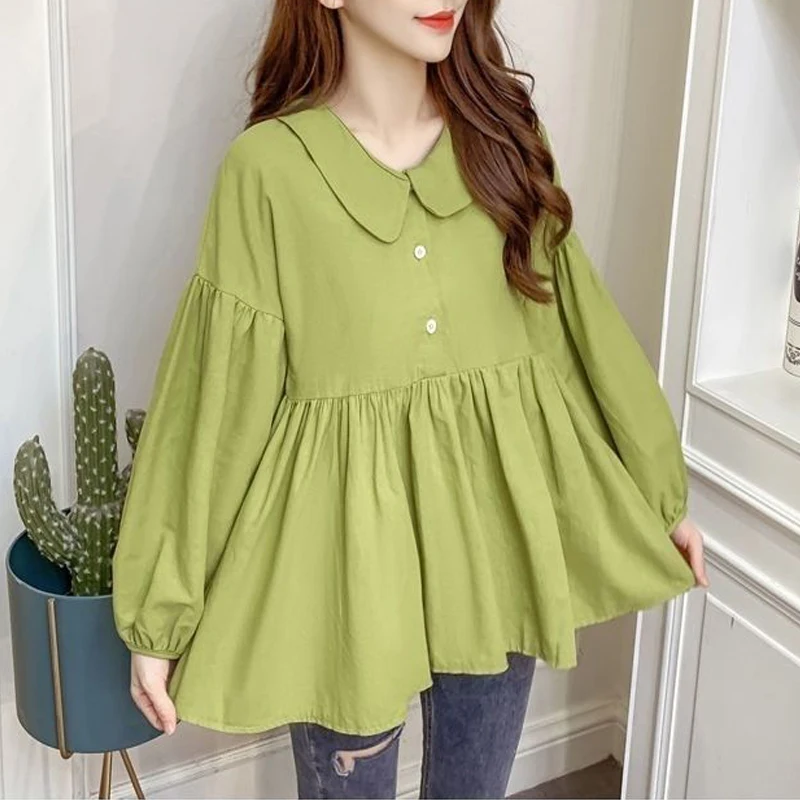 Ruffle Kawaii Sweet Peter Pan Collar Loose Tops Blouses for Women 2023 Spring Autumn New Korean Fashion Solid Long Sleeve Shirts