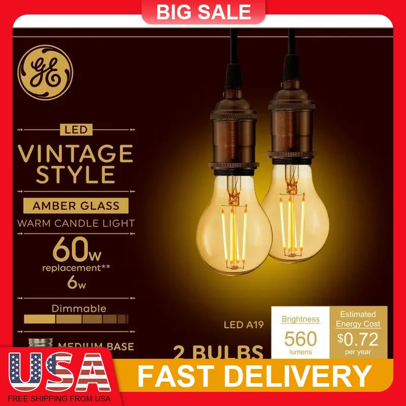 

2 Pack 60W Equivalent Vintage LED Edison Bulbs A19 Amber Glass Warm Dimmable Light 560LM 2150K E26 Base for Chandelier